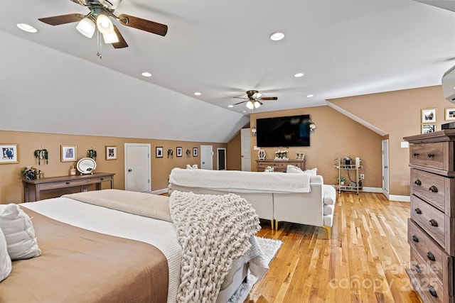 454 N Eastway Dr, Troutman, NC 28166 - bedroom featuring recessed lighting, baseboards, lofted ceiling, light wood-type flooring, and ceiling fan