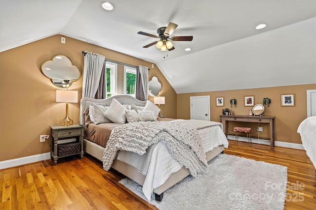 454 N Eastway Dr, Troutman, NC 28166 - bedroom featuring lofted ceiling, baseboards, light wood-style floors, recessed lighting, and ceiling fan
