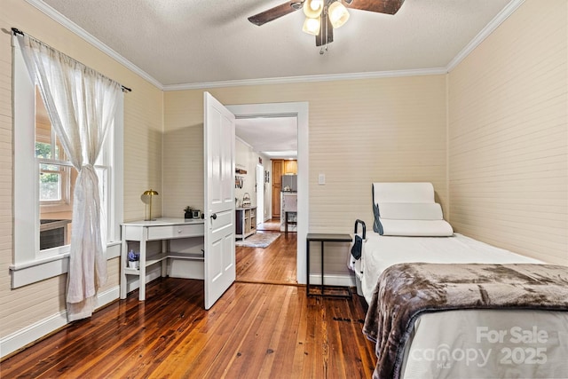 454 N Eastway Dr, Troutman, NC 28166 - bedroom with hardwood / wood-style flooring, ornamental molding, a textured ceiling, baseboards, and a ceiling fan