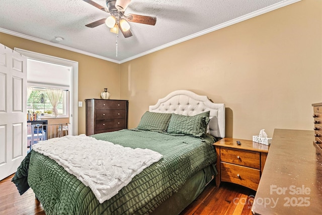 454 N Eastway Dr, Troutman, NC 28166 - bedroom featuring hardwood / wood-style flooring, crown molding, a textured ceiling, and ceiling fan