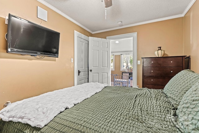 454 N Eastway Dr, Troutman, NC 28166 - bedroom with crown molding, a textured ceiling, and ceiling fan
