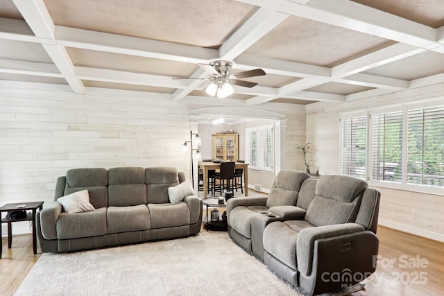 68 Broyles Rd, Hendersonville, NC 28791 - living room featuring coffered ceiling, wood finished floors, healthy amount of natural light, baseboards, and a ceiling fan