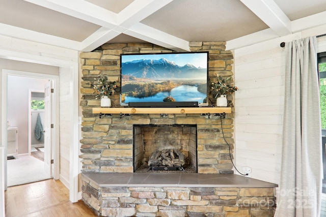 68 Broyles Rd, Hendersonville, NC 28791 - detailed view of beamed ceiling, wood finished floors, and a fireplace
