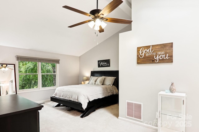 68 Broyles Rd, Hendersonville, NC 28791 - bedroom with light colored carpet, baseboards, high vaulted ceiling, and a ceiling fan
