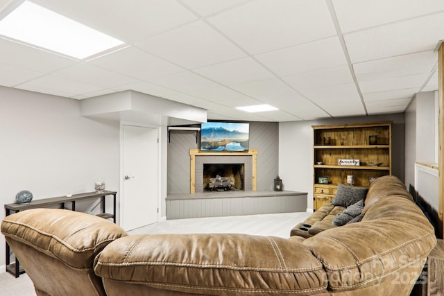 68 Broyles Rd, Hendersonville, NC 28791 - carpeted living room with a drop ceiling and a brick fireplace
