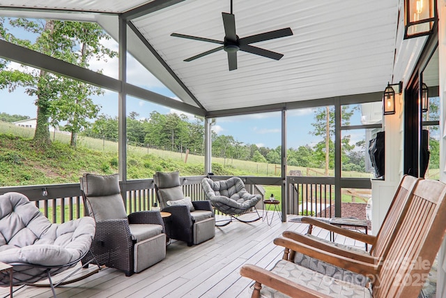 68 Broyles Rd, Hendersonville, NC 28791 - sunroom featuring ceiling fan, lofted ceiling, and outdoor lounge area