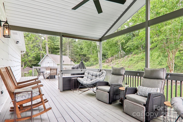 68 Broyles Rd, Hendersonville, NC 28791 - wooden terrace featuring ceiling fan, an outdoor hangout area, and an outdoor structure