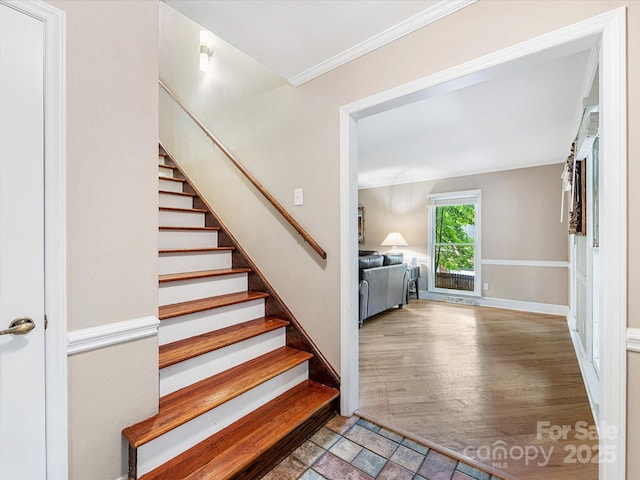 10710 Bristlecone Ct, Mint Hill, NC 28227 - staircase featuring crown molding and wood finished floors
