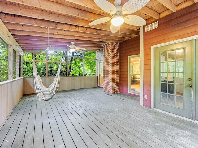 10710 Bristlecone Ct, Mint Hill, NC 28227 - unfurnished sunroom with a ceiling fan and beamed ceiling