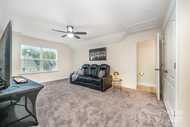 705 Hinterland Ln, Matthews, NC 28104 - carpeted living room with attic access, baseboards, a ceiling fan, and lofted ceiling