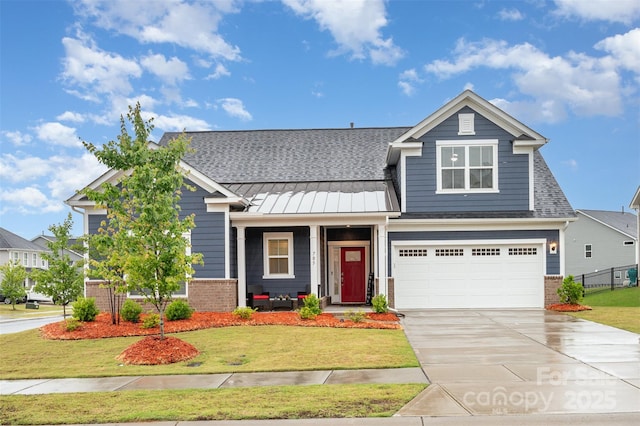 705 Hinterland Ln, Matthews, NC 28104 - craftsman house featuring brick siding, covered porch, driveway, a standing seam roof, and an attached garage