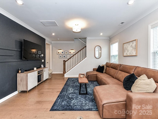 5811 Mantle Way, Kannapolis, NC 28081 - living room with crown molding, stairs, light wood-style floors, plenty of natural light, and recessed lighting