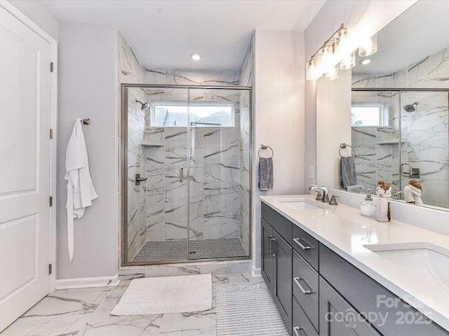 5811 Mantle Way, Kannapolis, NC 28081 - full bath featuring marble finish floors, baseboards, double vanity, a marble finish shower, and recessed lighting