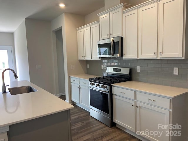 108 Red Juniper Way, Statesville, NC 28625 - kitchen with appliances with stainless steel finishes, a sink, tasteful backsplash, dark wood-type flooring, and recessed lighting