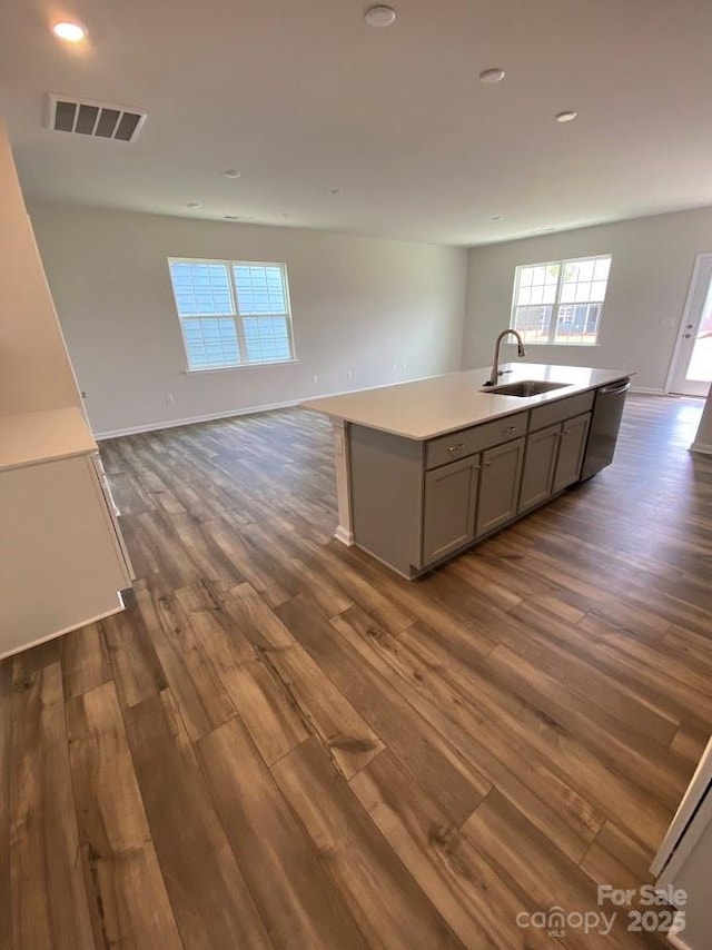 108 Red Juniper Way, Statesville, NC 28625 - kitchen featuring a sink, open floor plan, gray cabinetry, dark wood finished floors, and recessed lighting