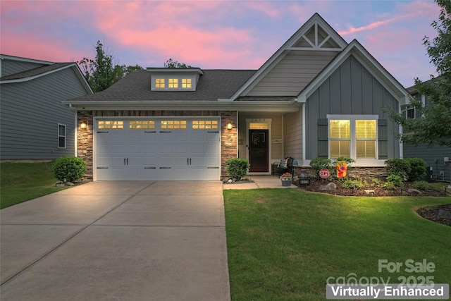 5079 Skyfest Dr, Charlotte, NC 28215 - view of front facade with a garage, stone siding, driveway, board and batten siding, and a front lawn