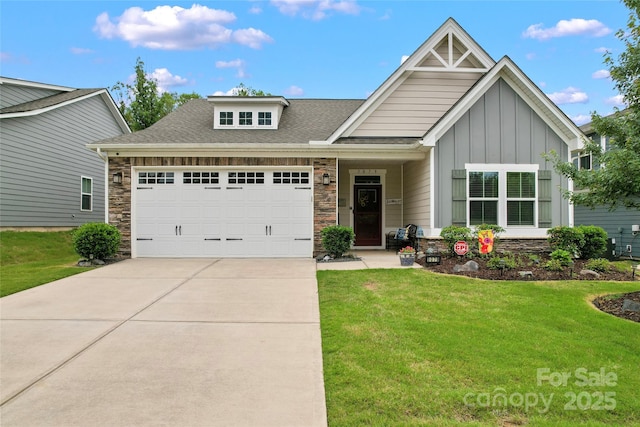 5079 Skyfest Dr, Charlotte, NC 28215 - view of front facade featuring an attached garage, stone siding, driveway, and board and batten siding