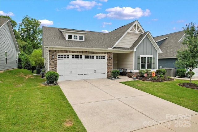 5079 Skyfest Dr, Charlotte, NC 28215 - view of front facade featuring board and batten siding, concrete driveway, a shingled roof, central AC, and a front lawn