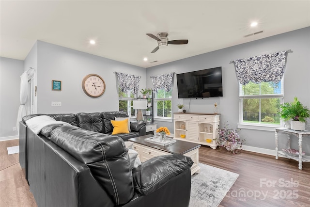 5079 Skyfest Dr, Charlotte, NC 28215 - living area with ceiling fan, recessed lighting, baseboards, and wood finished floors