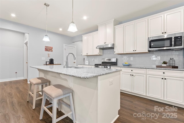 5079 Skyfest Dr, Charlotte, NC 28215 - kitchen featuring a sink, stainless steel appliances, under cabinet range hood, dark wood finished floors, and recessed lighting