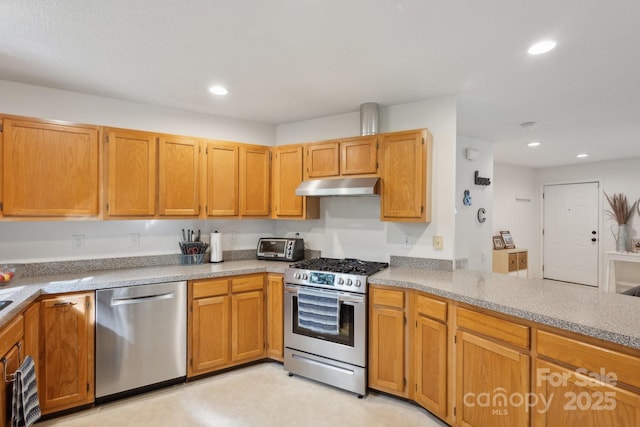 3721 Conway Ave, Charlotte, NC 28209 - kitchen featuring stainless steel appliances, under cabinet range hood, recessed lighting, light countertops, and brown cabinets