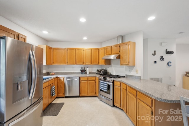 3721 Conway Ave, Charlotte, NC 28209 - kitchen with stainless steel appliances, under cabinet range hood, a peninsula, recessed lighting, and light countertops