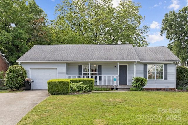 3721 Conway Ave, Charlotte, NC 28209 - ranch-style house featuring a porch, a garage, concrete driveway, a shingled roof, and crawl space