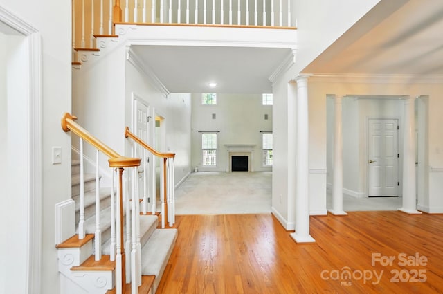 201 Limerick Dr, Matthews, NC 28104 - entrance foyer with ornamental molding, stairway, a fireplace, baseboards, and a high ceiling