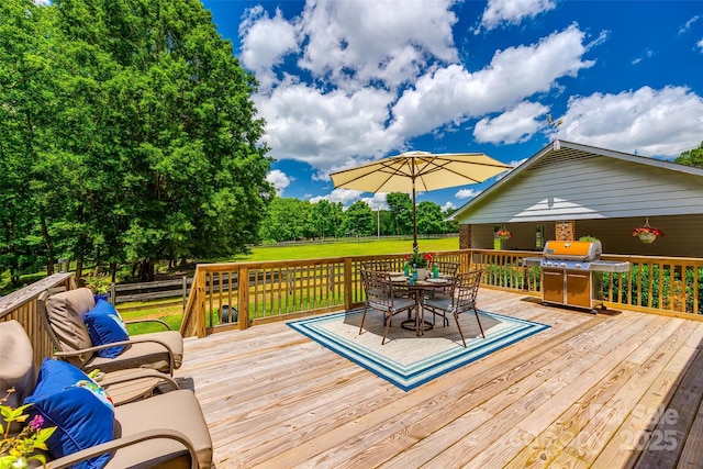 7712 Old Waxhaw Monroe Rd, Waxhaw, NC 28173 - wooden terrace featuring outdoor dining space, a grill, and a yard