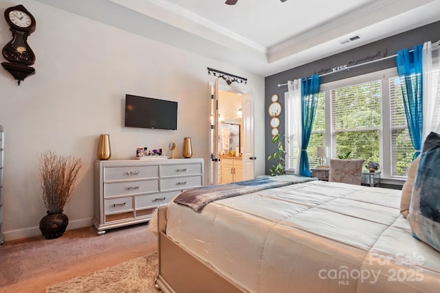 10903 Skymont Dr, Huntersville, NC 28078 - bedroom featuring light carpet, crown molding, ceiling fan, baseboards, and connected bathroom