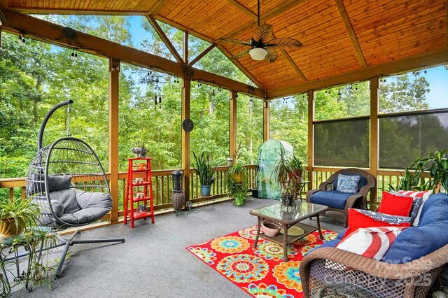 10903 Skymont Dr, Huntersville, NC 28078 - sunroom / solarium featuring ceiling fan, an outdoor hangout area, and lofted ceiling