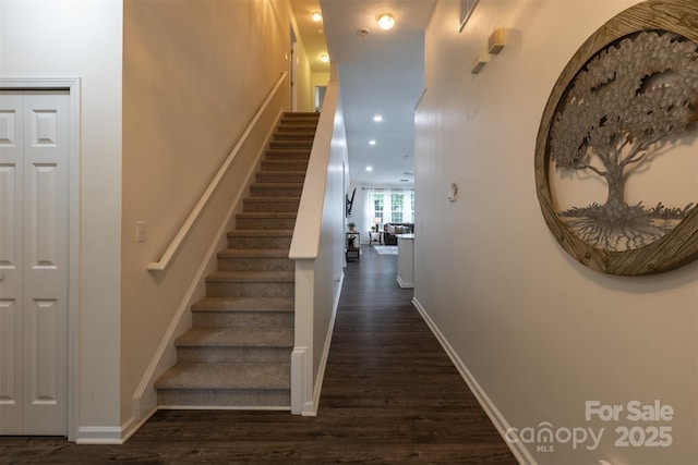 4637 Willow Glen Rd, Harrisburg, NC 28075 - staircase with wood finished floors, baseboards, and recessed lighting