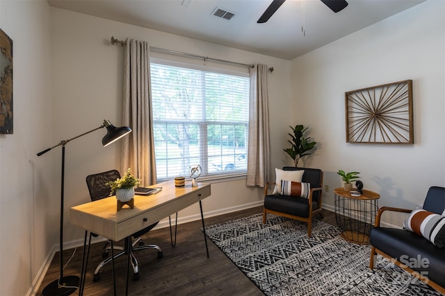 4637 Willow Glen Rd, Harrisburg, NC 28075 - office with wood finished floors, baseboards, healthy amount of natural light, and a ceiling fan