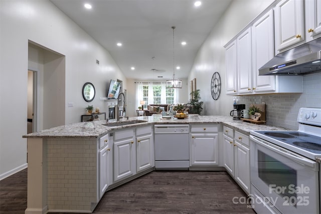 4637 Willow Glen Rd, Harrisburg, NC 28075 - kitchen with white appliances, a sink, dark wood-style flooring, a peninsula, and white cabinets