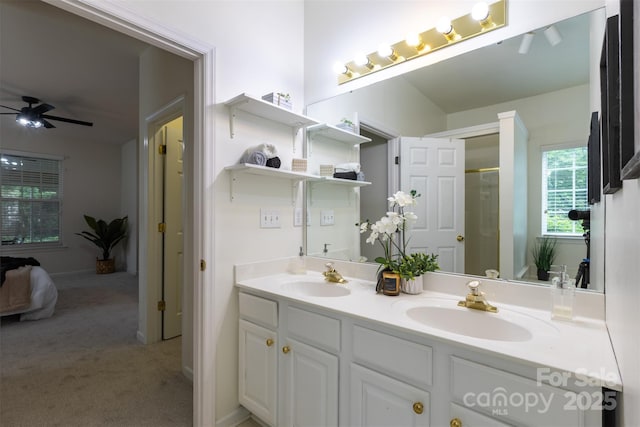 4637 Willow Glen Rd, Harrisburg, NC 28075 - full bathroom with double vanity, a ceiling fan, and a shower with door
