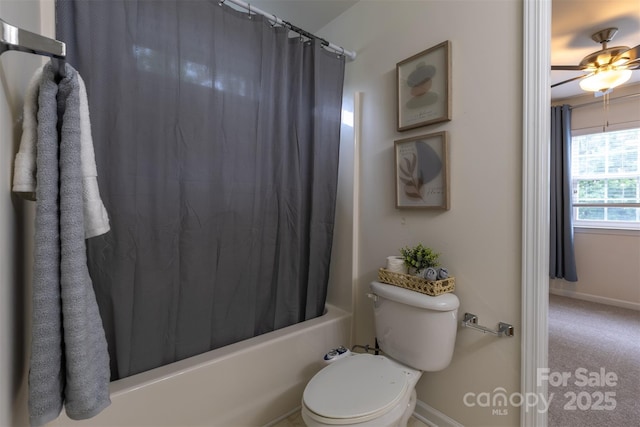4637 Willow Glen Rd, Harrisburg, NC 28075 - full bathroom featuring shower / bathtub combination with curtain, baseboards, toilet, and ceiling fan