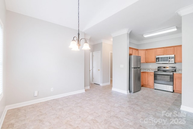9641 Bellamy Pl NW, Concord, NC 28027 - kitchen with appliances with stainless steel finishes, a chandelier, crown molding, decorative light fixtures, and baseboards