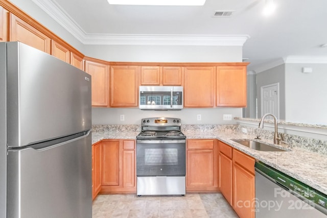 9641 Bellamy Pl NW, Concord, NC 28027 - kitchen with stainless steel appliances, a sink, ornamental molding, and light stone countertops