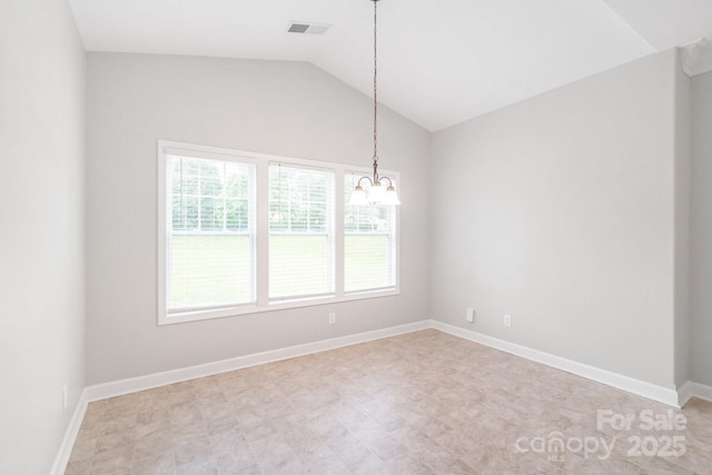 9641 Bellamy Pl NW, Concord, NC 28027 - unfurnished room featuring a chandelier, lofted ceiling, baseboards, and light floors