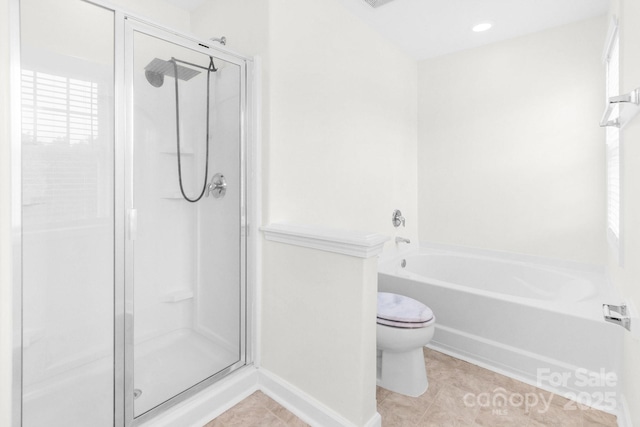 9641 Bellamy Pl NW, Concord, NC 28027 - bathroom featuring a shower stall, toilet, a bath, tile patterned floors, and baseboards