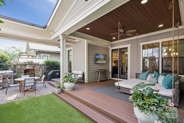2221 Kenmore Ave, Charlotte, NC 28204 - deck featuring ceiling fan, a patio, outdoor dining area, and grilling area
