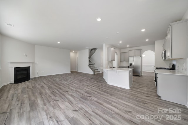 300 Kennerly Center Dr, Mooresville, NC 28115 - kitchen with appliances with stainless steel finishes, a sink, open floor plan, arched walkways, and light wood finished floors