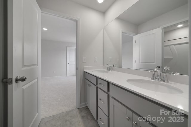 300 Kennerly Center Dr, Mooresville, NC 28115 - full bathroom with double vanity, baseboards, tile patterned flooring, and recessed lighting