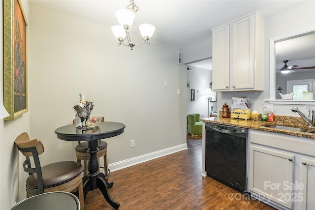 1804 Fairlawn Ct, Rock Hill, SC 29732 - kitchen with dishwasher, a sink, dark wood-style floors, a chandelier, and baseboards