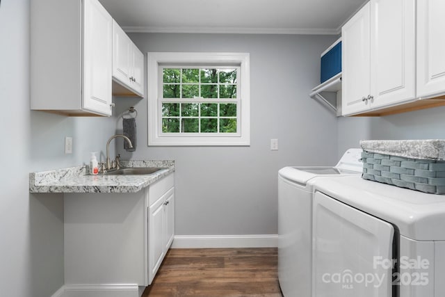 1035 15th Ave NW, Hickory, NC 28601 - laundry area with cabinet space, dark wood-style floors, independent washer and dryer, baseboards, and ornamental molding
