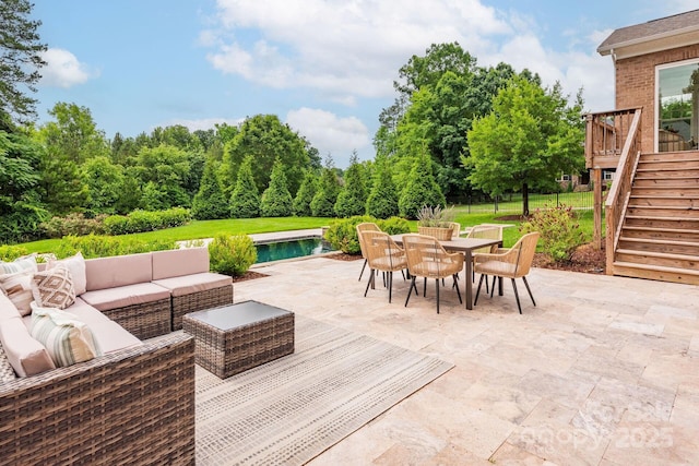 3009 Ocaso Ct, Matthews, NC 28104 - view of patio / terrace with stairway, outdoor lounge area, outdoor dining space, an outdoor pool, and a wooden deck