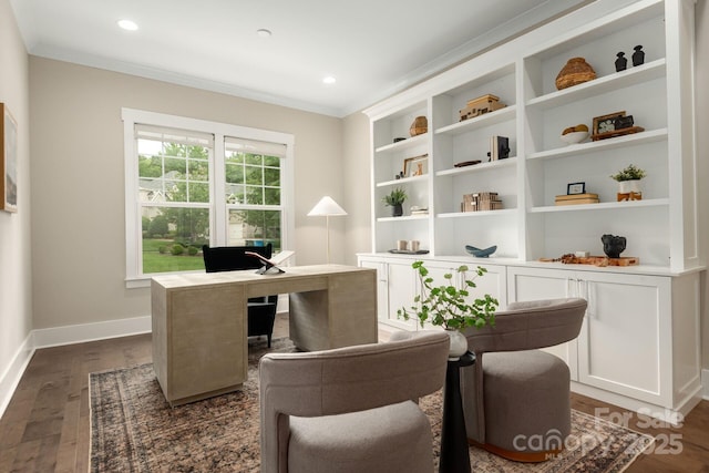 3009 Ocaso Ct, Matthews, NC 28104 - office area with crown molding, dark wood-style flooring, baseboards, and recessed lighting