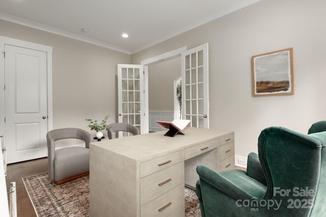 3009 Ocaso Ct, Matthews, NC 28104 - home office with french doors, crown molding, recessed lighting, and wood finished floors