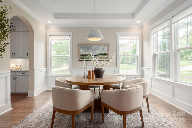 3009 Ocaso Ct, Matthews, NC 28104 - dining area with plenty of natural light, a tray ceiling, wood finished floors, a decorative wall, and wainscoting