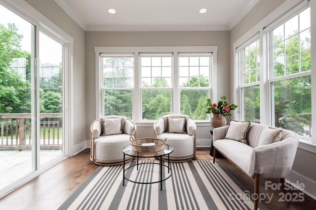 3009 Ocaso Ct, Matthews, NC 28104 - sunroom with wood finished floors, baseboards, and recessed lighting